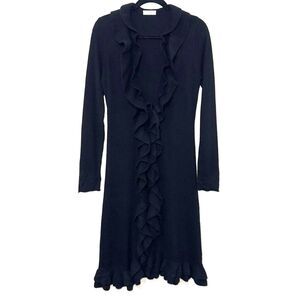 Malika Cashmere Tie Front Ruffled Duster Cardigan - Black M